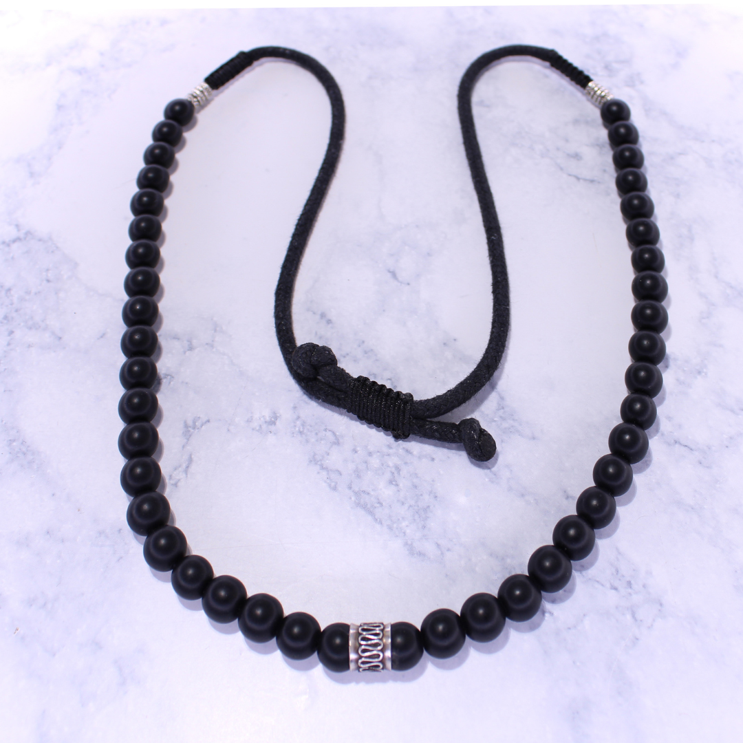 Matte Onyx Necklace with Silver 925 Bead Filigree Detail