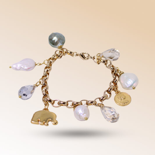 Clear Quartz, Citrine, Baroque pearl charm bracelet