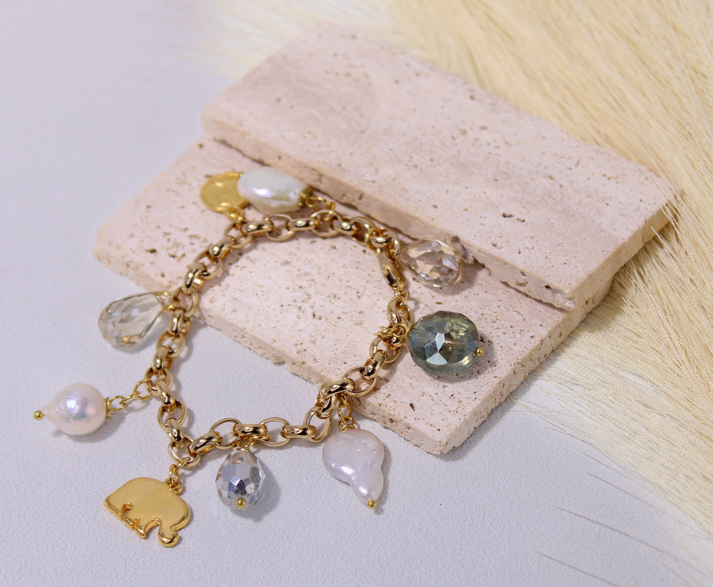 Clear Quartz, Citrine, Baroque pearl charm bracelet