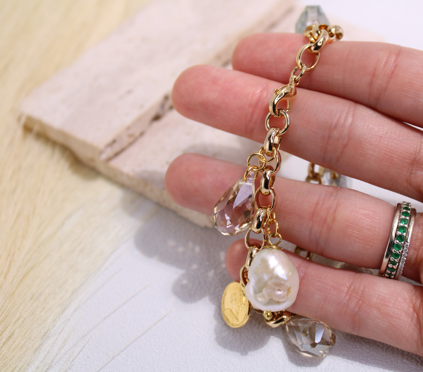 Clear Quartz, Citrine, Baroque pearl charm bracelet