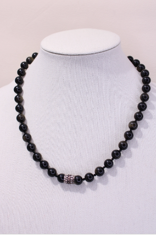 Old Sheen Obsidian Necklace with a Gemstone S-hook Closure and 925 Sterling Silver Unisex.